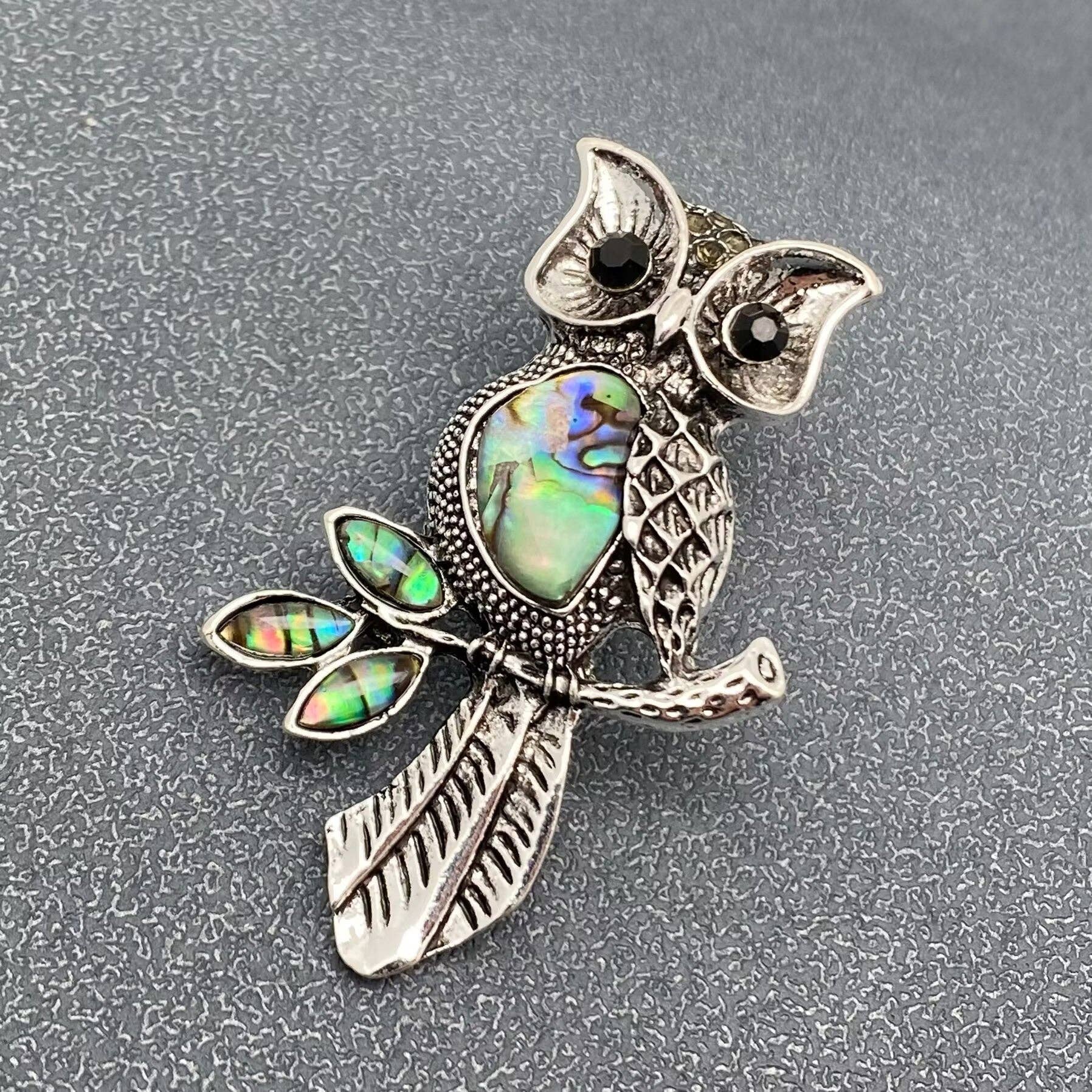 Abalone Shell Silver Tone Owl Brooch - Spiral Circle
