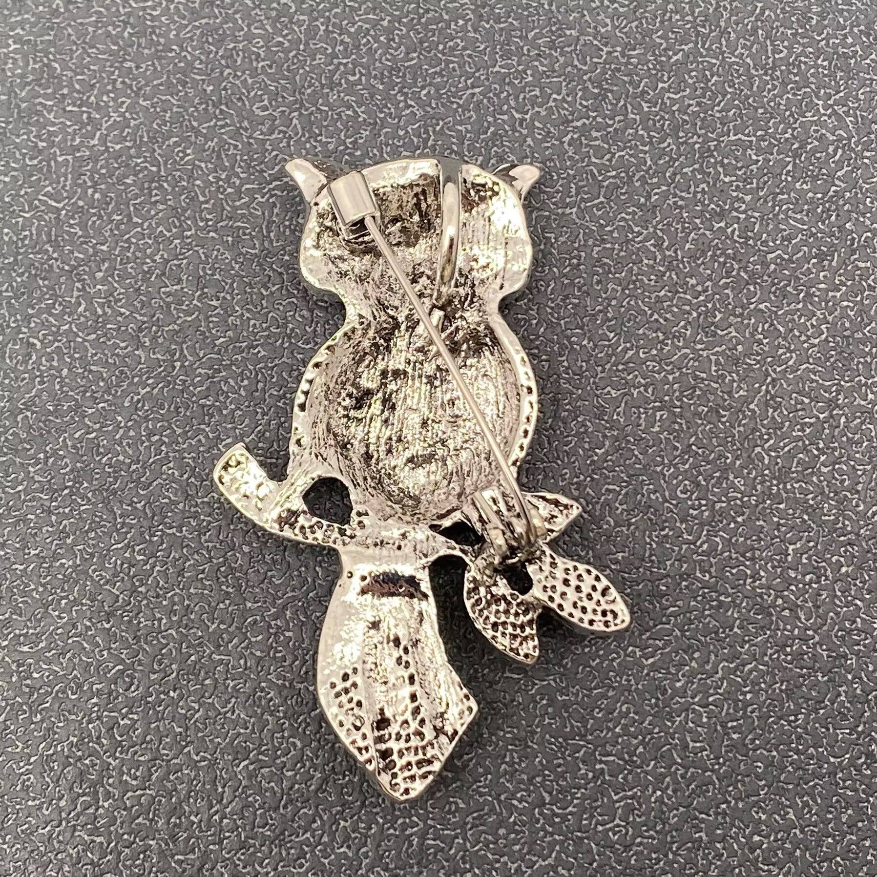 Abalone Shell Silver Tone Owl Brooch - Spiral Circle