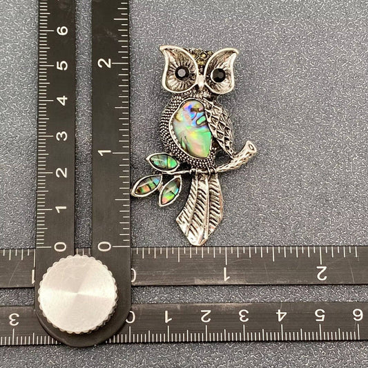 Abalone Shell Silver Tone Owl Brooch - Spiral Circle
