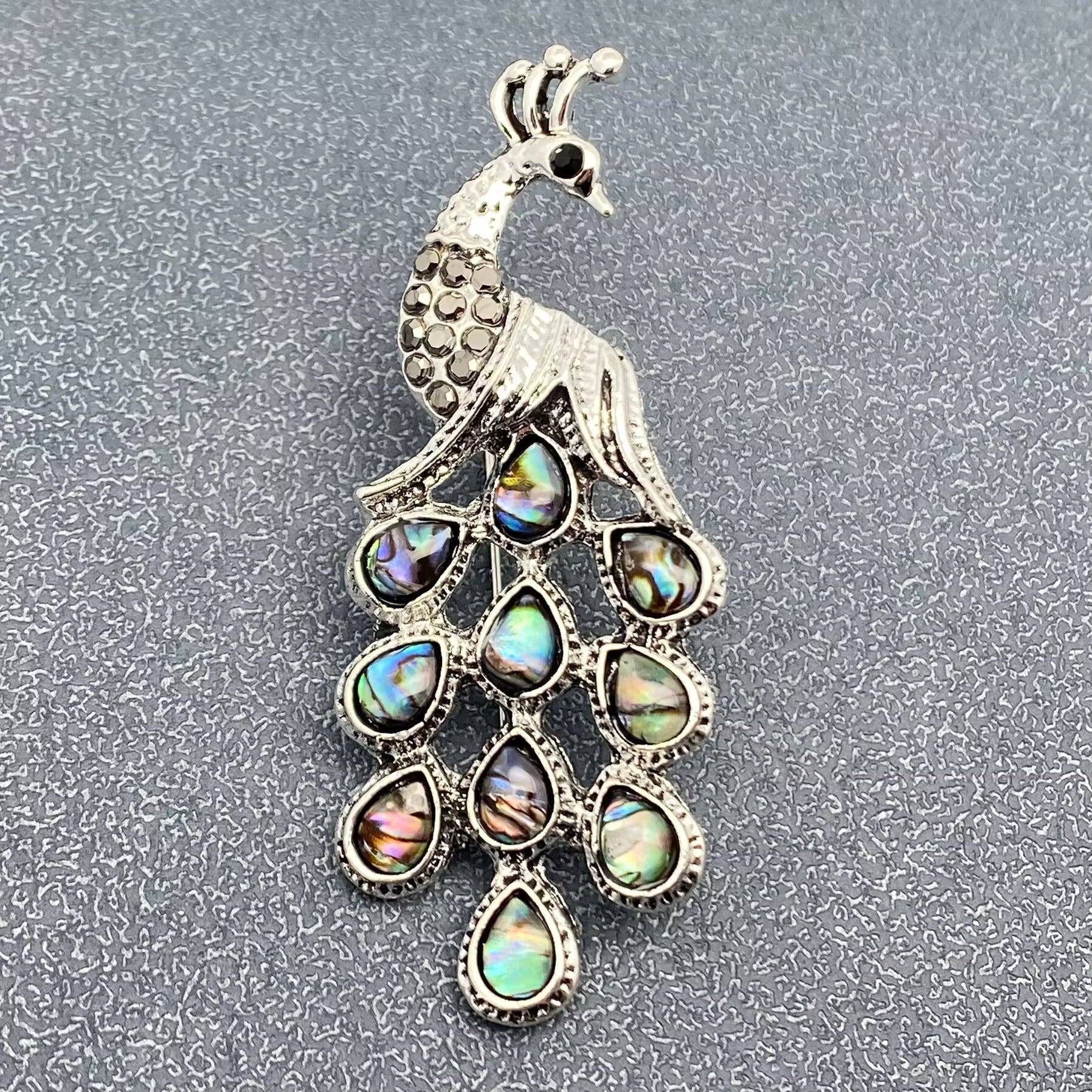 Abalone Shell Silver Tone Peacock Brooch - Spiral Circle