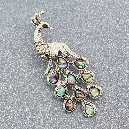 Abalone Shell Silver Tone Peacock Brooch - Spiral Circle