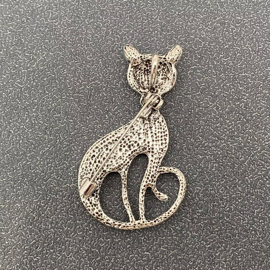 Abalone Shell Silver Tone Smiling Cat Brooch - Spiral Circle