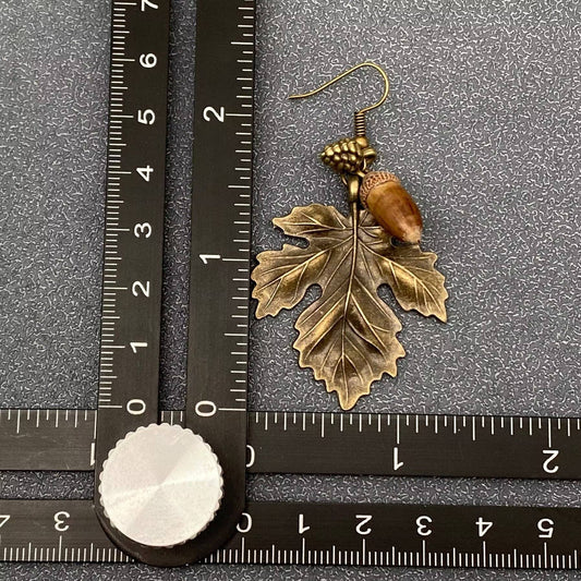 Acorn & Metal Maple Leaves Charm Dagnle Earrings - Spiral Circle