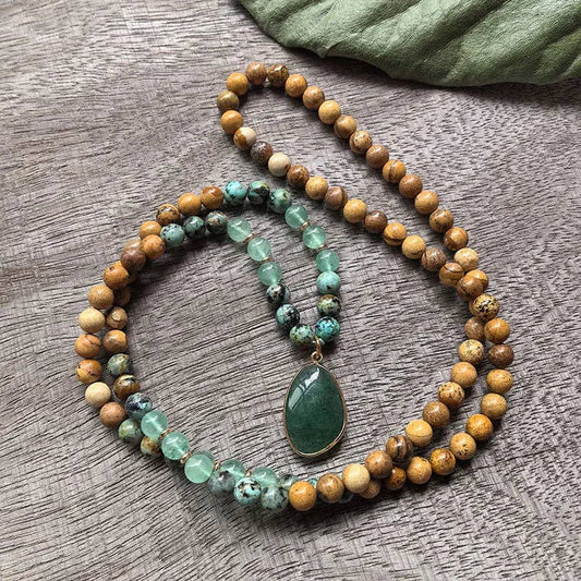 African Turquoise, Green Aventurine, Green Quartz 108 Bead Mala - Spiral Circle