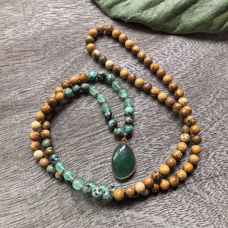 African Turquoise, Green Aventurine, Green Quartz 108 Bead Mala - Spiral Circle