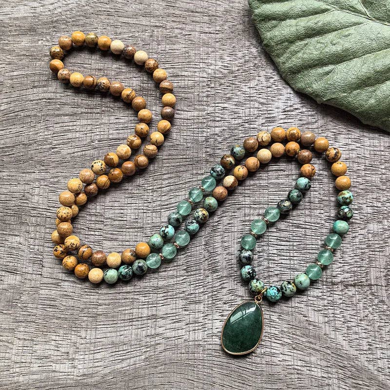 African Turquoise, Green Aventurine, Green Quartz 108 Bead Mala - Spiral Circle
