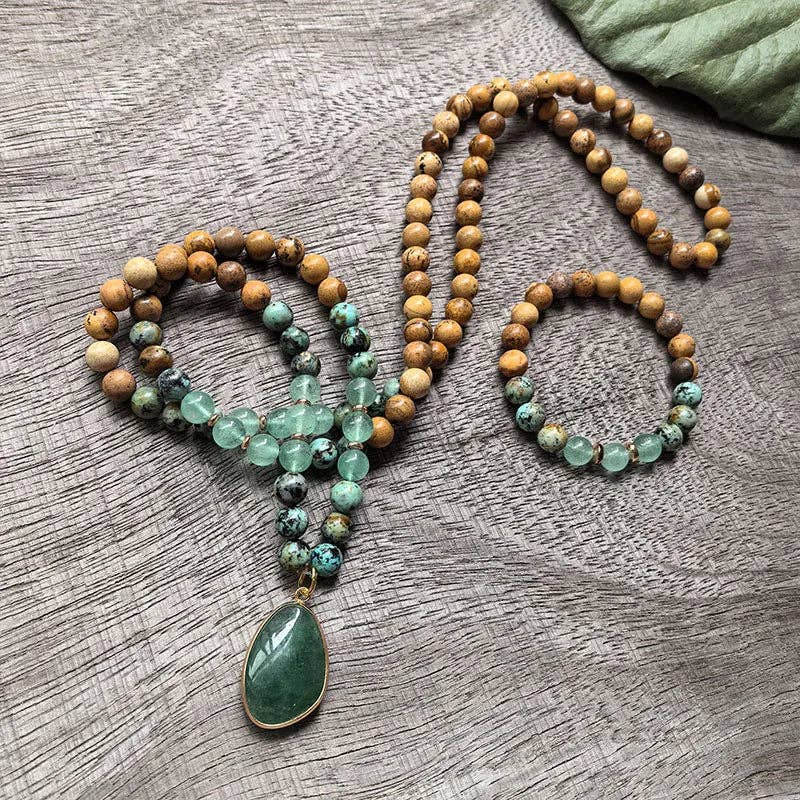 African Turquoise, Green Aventurine, Green Quartz 108 Bead Mala - Spiral Circle