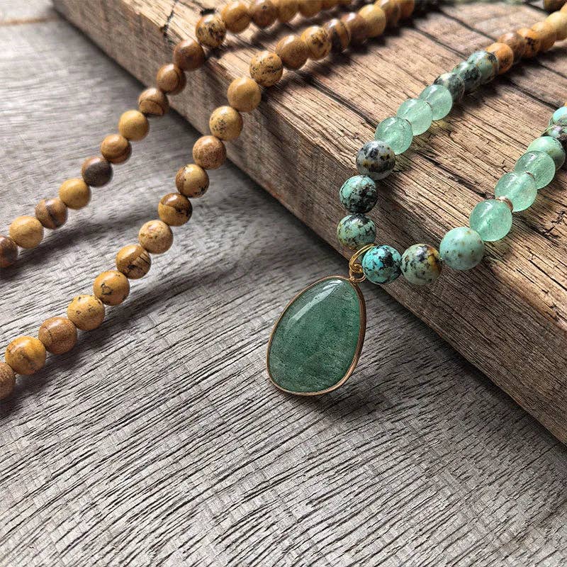 African Turquoise, Green Aventurine, Green Quartz 108 Bead Mala - Spiral Circle
