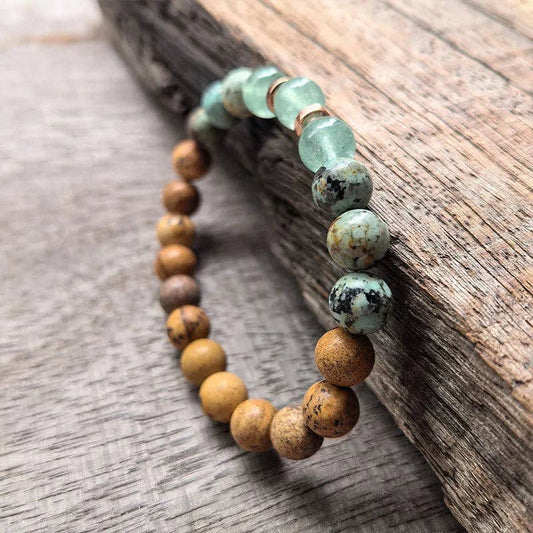 African Turquoise, Green Aventurine, Green Quartz 108 Bead Mala - Spiral Circle