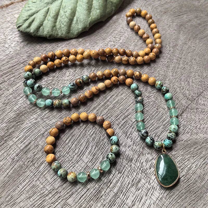 African Turquoise, Green Aventurine, Green Quartz 108 Bead Mala - Spiral Circle