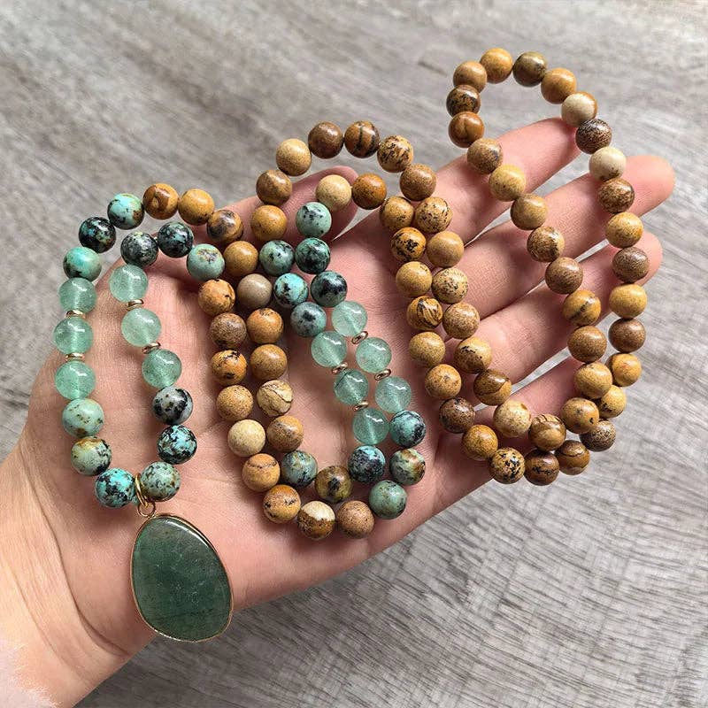 African Turquoise, Green Aventurine, Green Quartz 108 Bead Mala - Spiral Circle