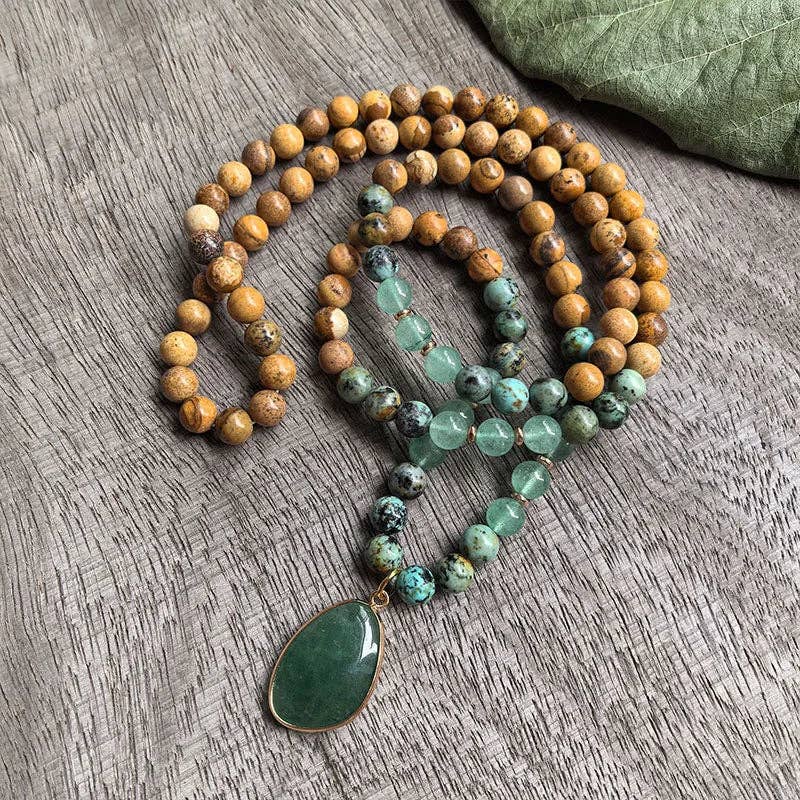 African Turquoise, Green Aventurine, Green Quartz 108 Bead Mala - Spiral Circle