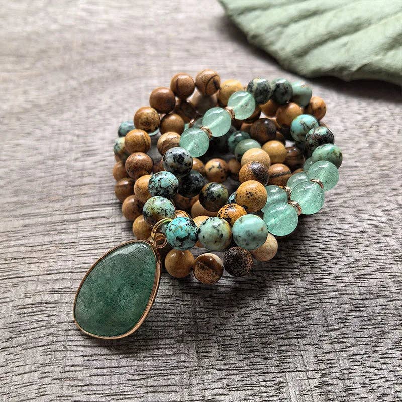 African Turquoise, Green Aventurine, Green Quartz 108 Bead Mala - Spiral Circle