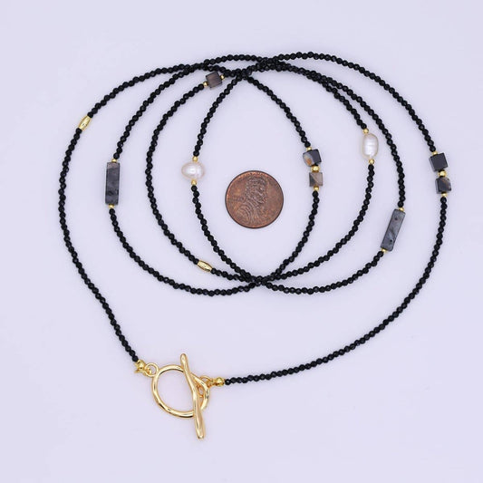 Agate Onyx Shell Pearl Gemstone Necklace | 40" | 24K Gold Plated - Spiral Circle