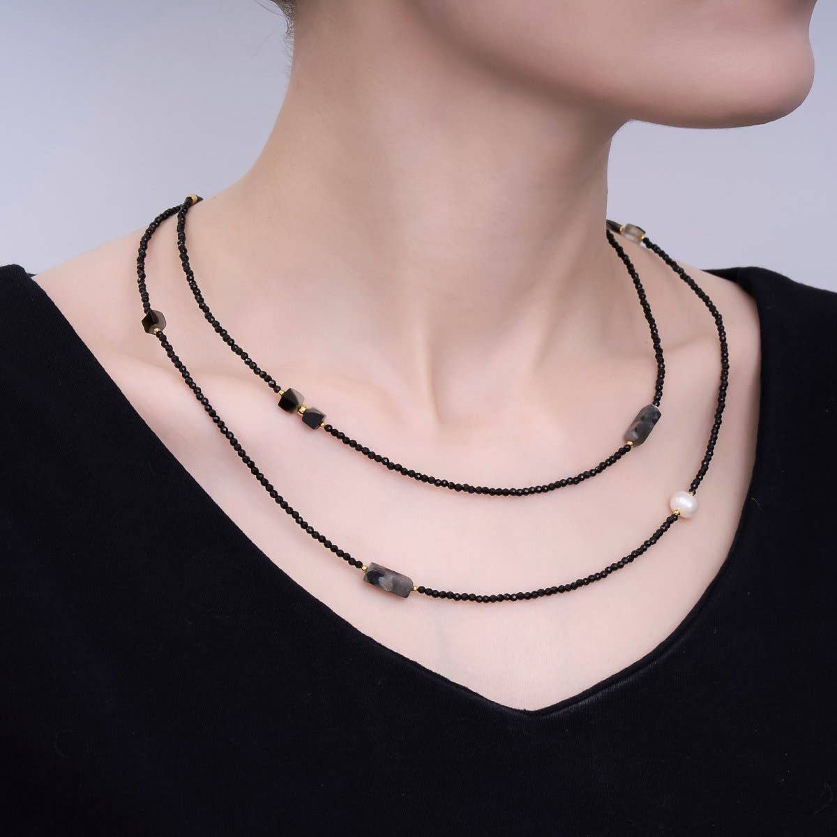 Agate Onyx Shell Pearl Gemstone Necklace | 40" | 24K Gold Plated - Spiral Circle