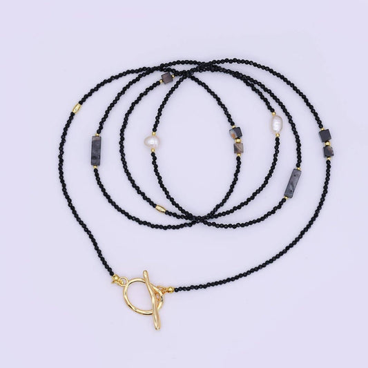 Agate Onyx Shell Pearl Gemstone Necklace | 40" | 24K Gold Plated - Spiral Circle