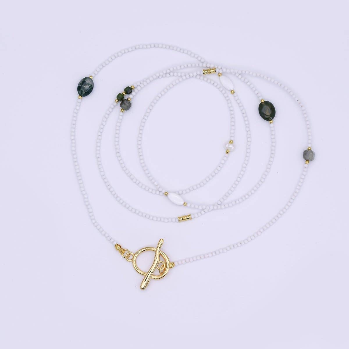 Agate Shell Pearl Gemstone Necklace | 40" Necklace | 24K Gold Plated - Spiral Circle