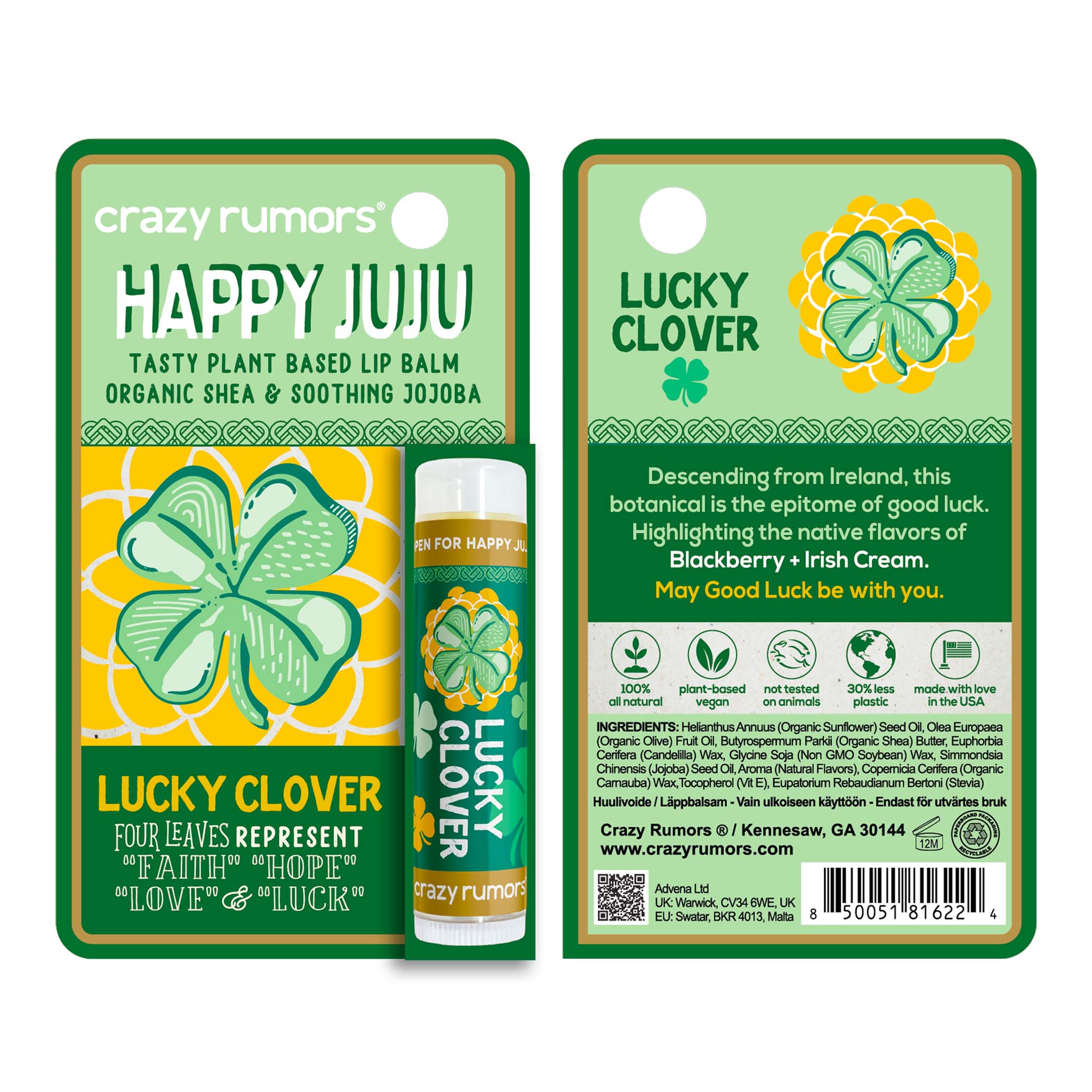 All Natural, Vegan Happy Juju - Lucky Clover Lip Balm Gift Box - Spiral Circle