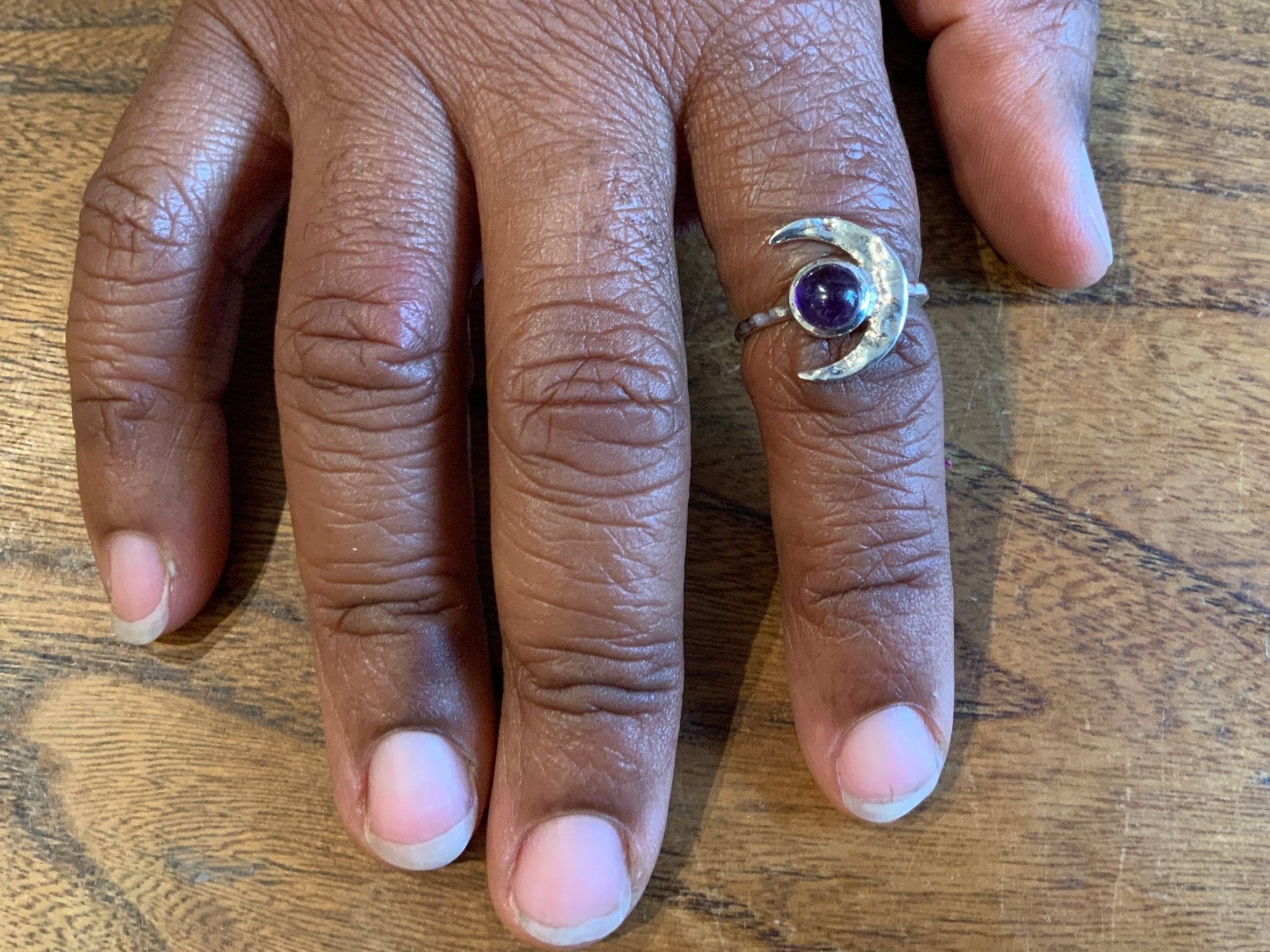 Amethyst Crescent Moon Hammered Sterling Silver Ring | - Spiral Circle