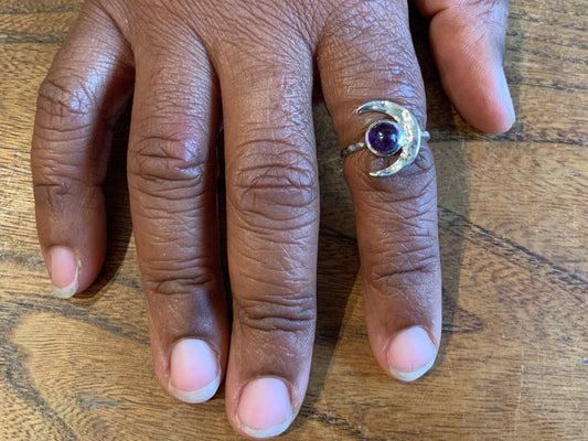 Amethyst Crescent Moon Hammered Sterling Silver Ring | - Spiral Circle