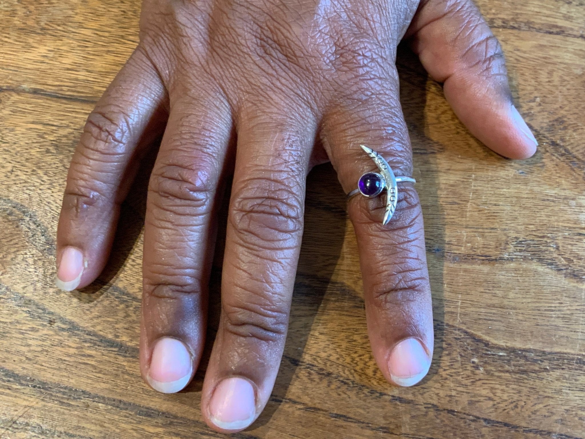 Amethyst Crescent Moon Sterling Silver Ring | - Spiral Circle