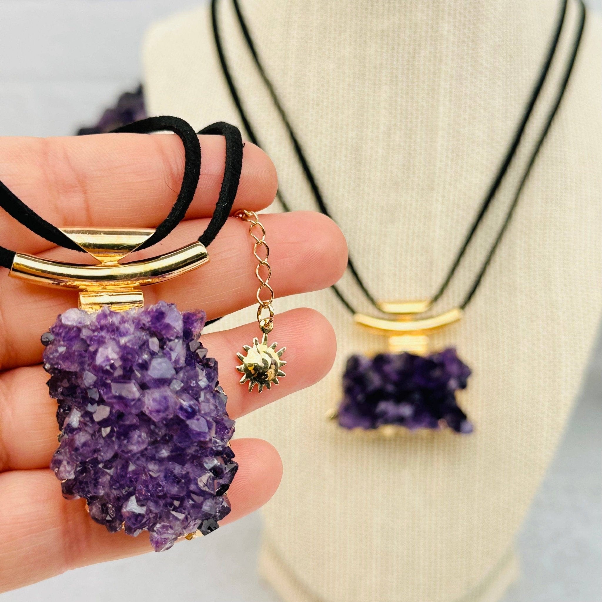Amethyst Crystal Cluster Necklace | 24k Gold Elec - Spiral Circle