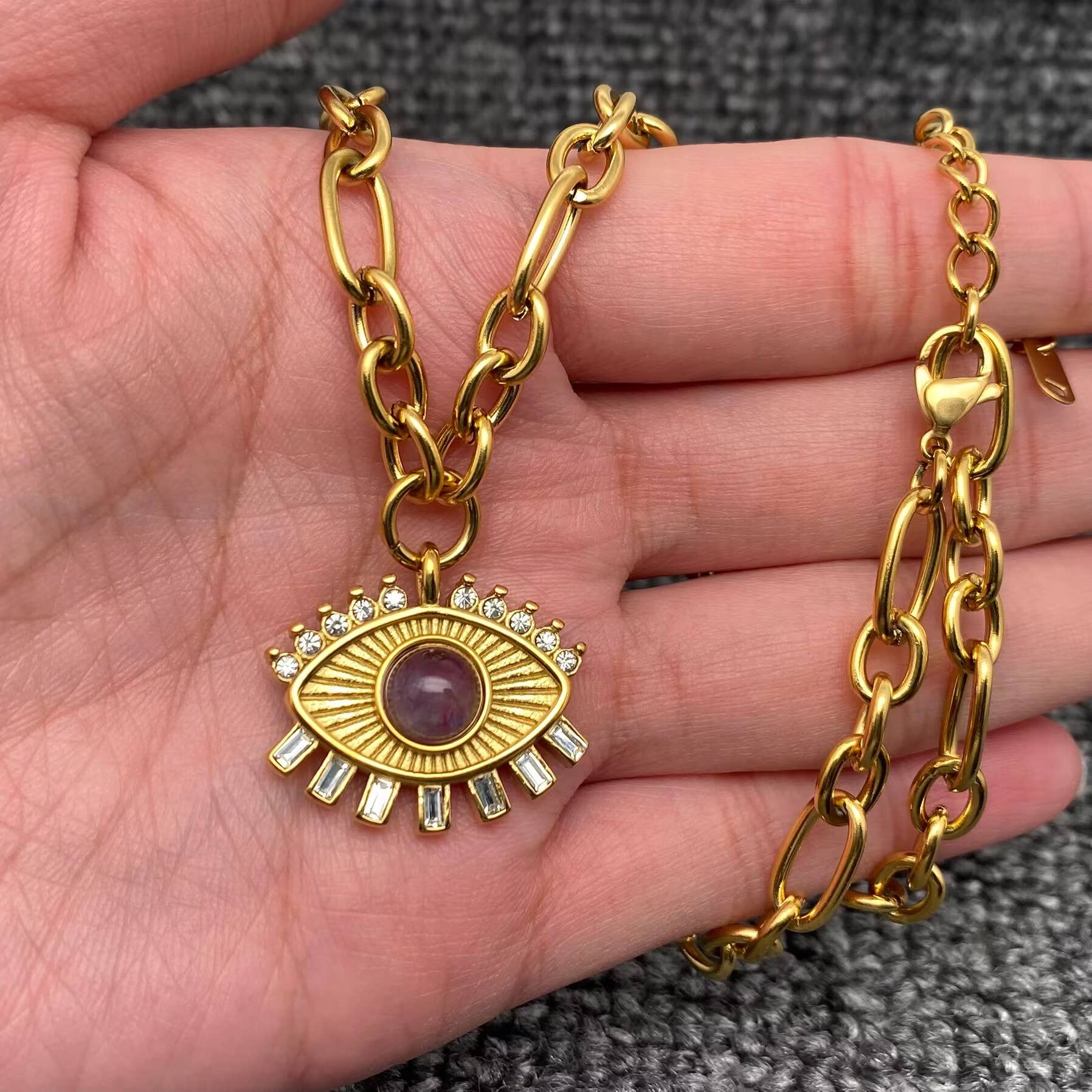 Amethyst & CZ Evil Eye Charm 18K Golden SS Necklace - FGS - Spiral Circle