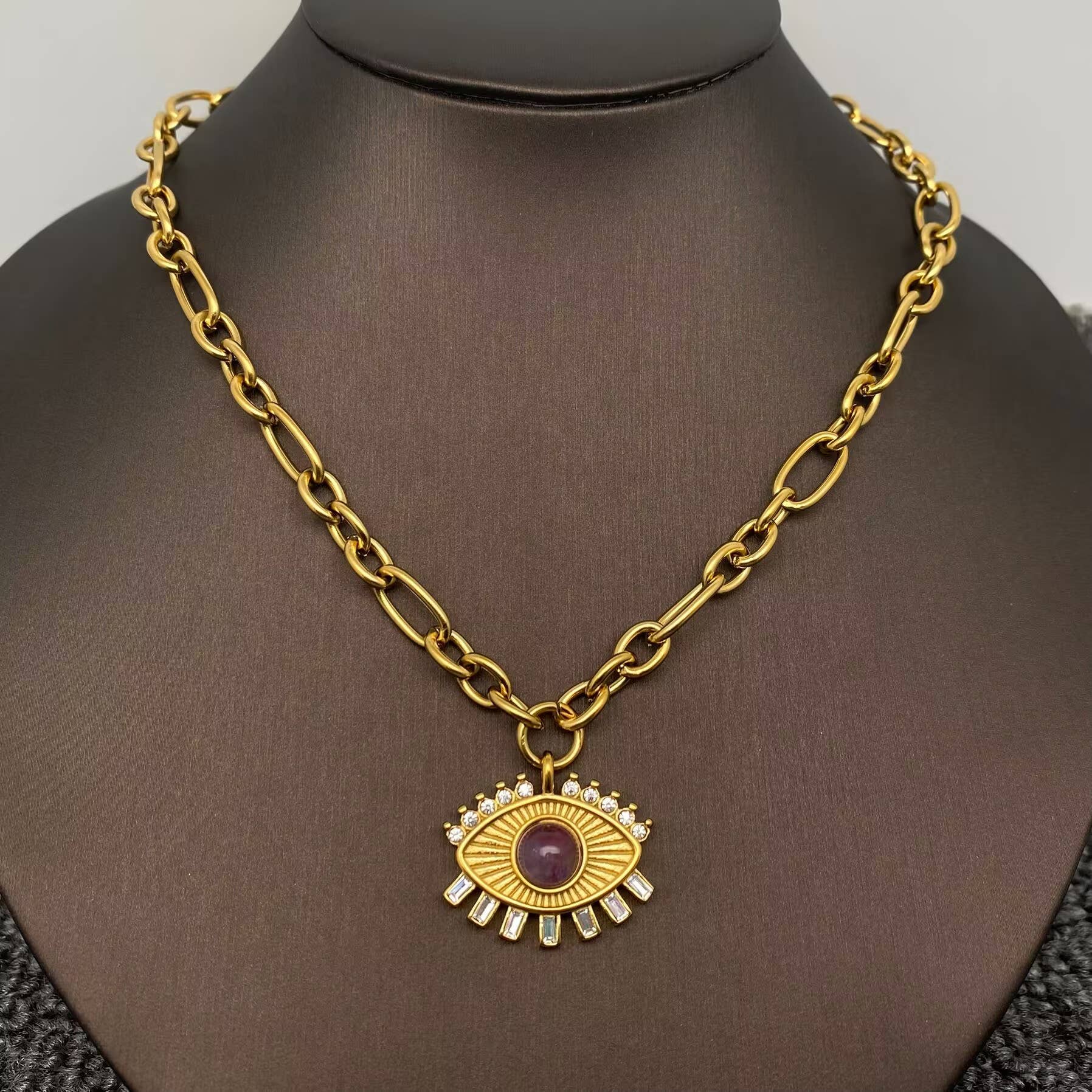 Amethyst & CZ Evil Eye Charm 18K Golden SS Necklace - FGS - Spiral Circle