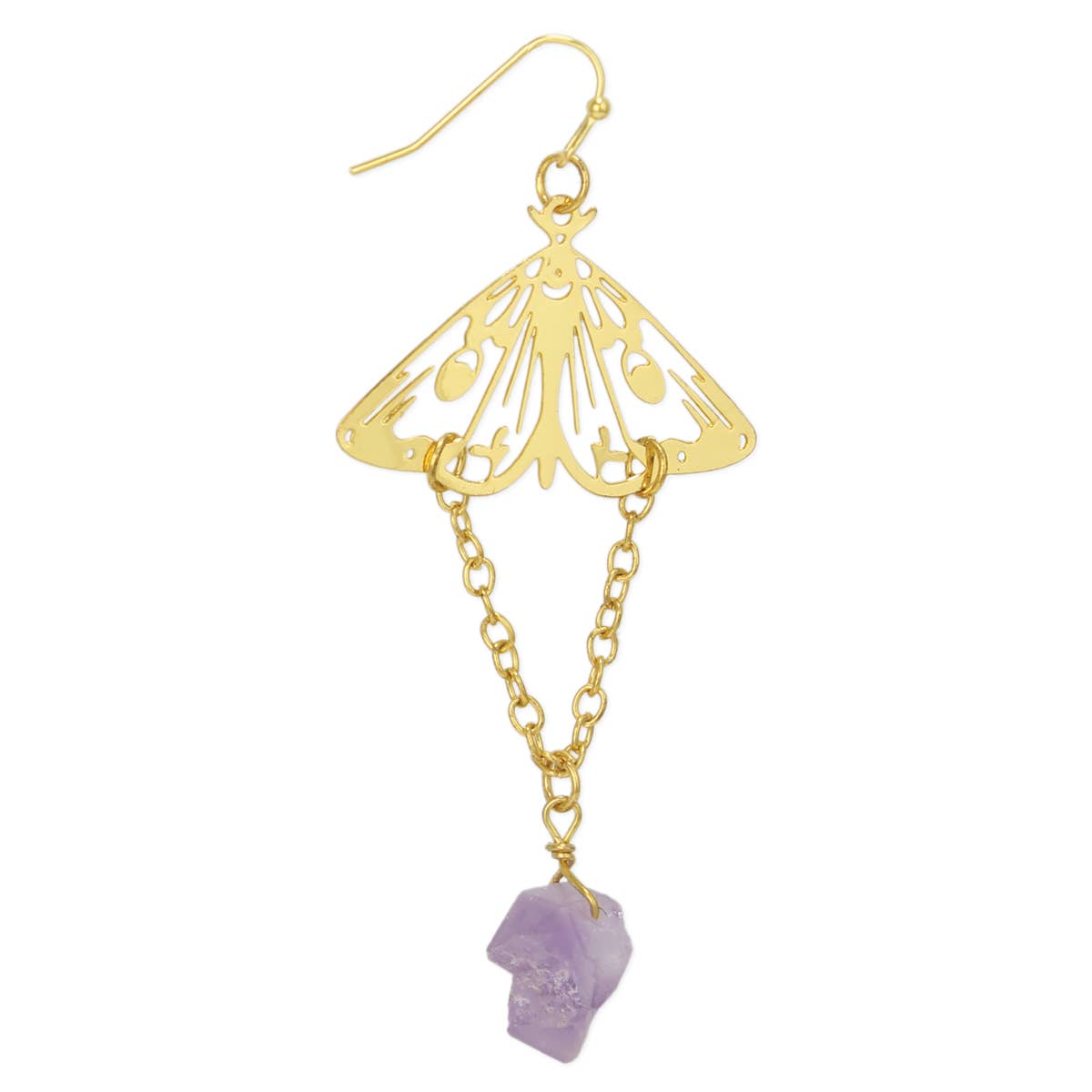 Amethyst Drop Gold Luna Moth Gold Earrings - Spiral Circle