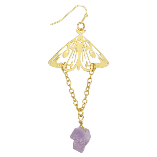 Amethyst Drop Gold Luna Moth Gold Earrings - Spiral Circle