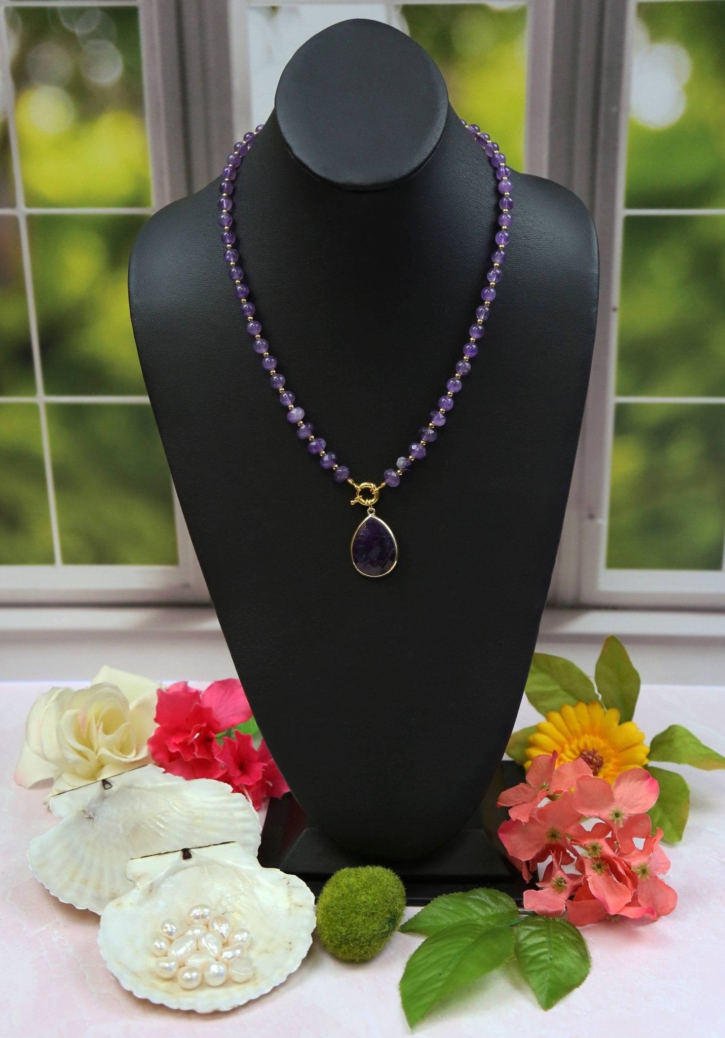 Amethyst Teardrop Pendant Necklace. Set of Two - Spiral Circle