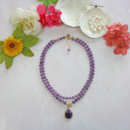 Amethyst Teardrop Pendant Necklace. Set of Two - Spiral Circle