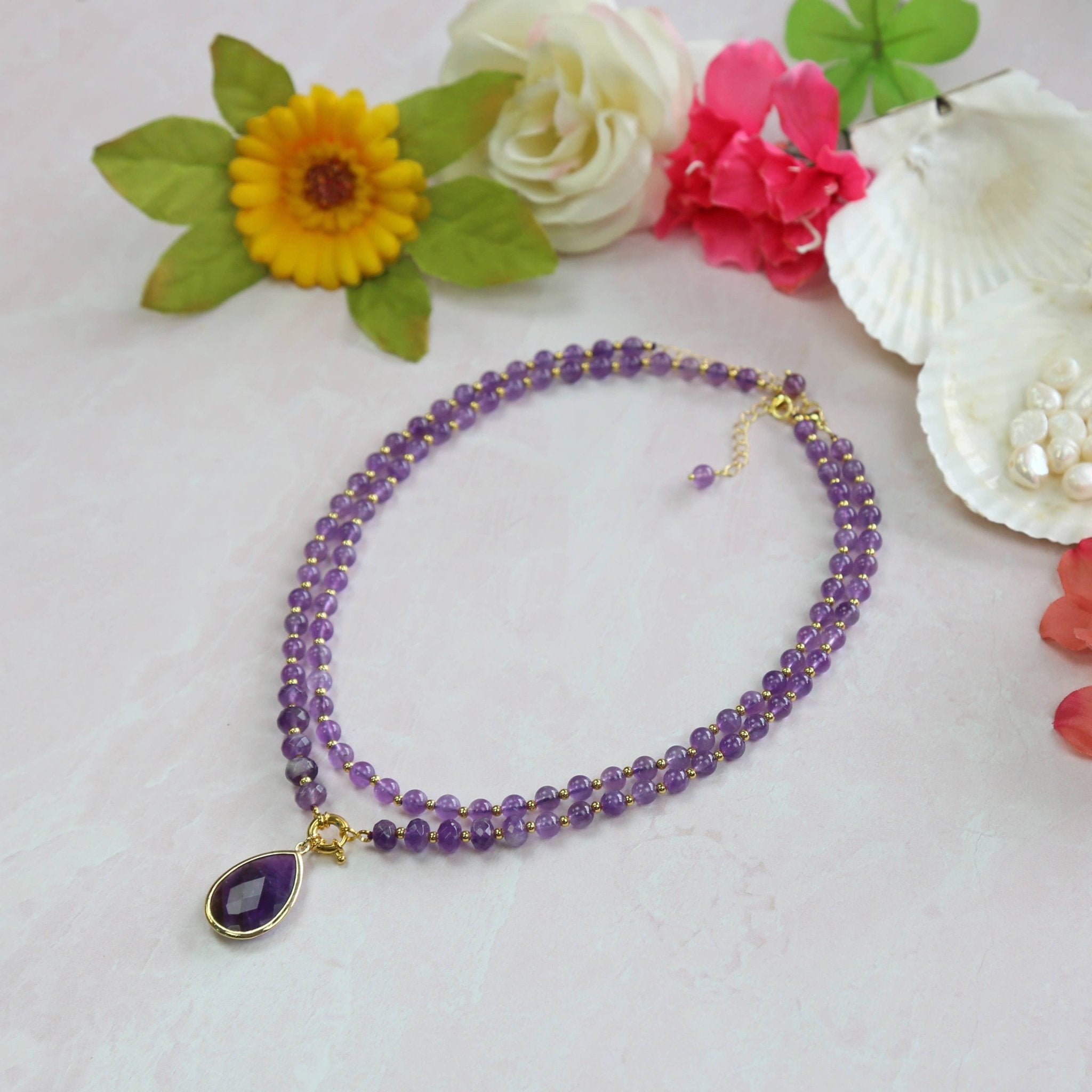 Amethyst Teardrop Pendant Necklace. Set of Two - Spiral Circle