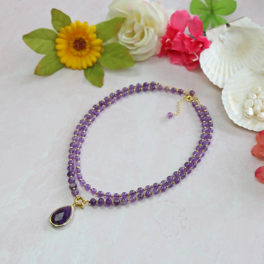 Amethyst Teardrop Pendant Necklace. Set of Two - Spiral Circle