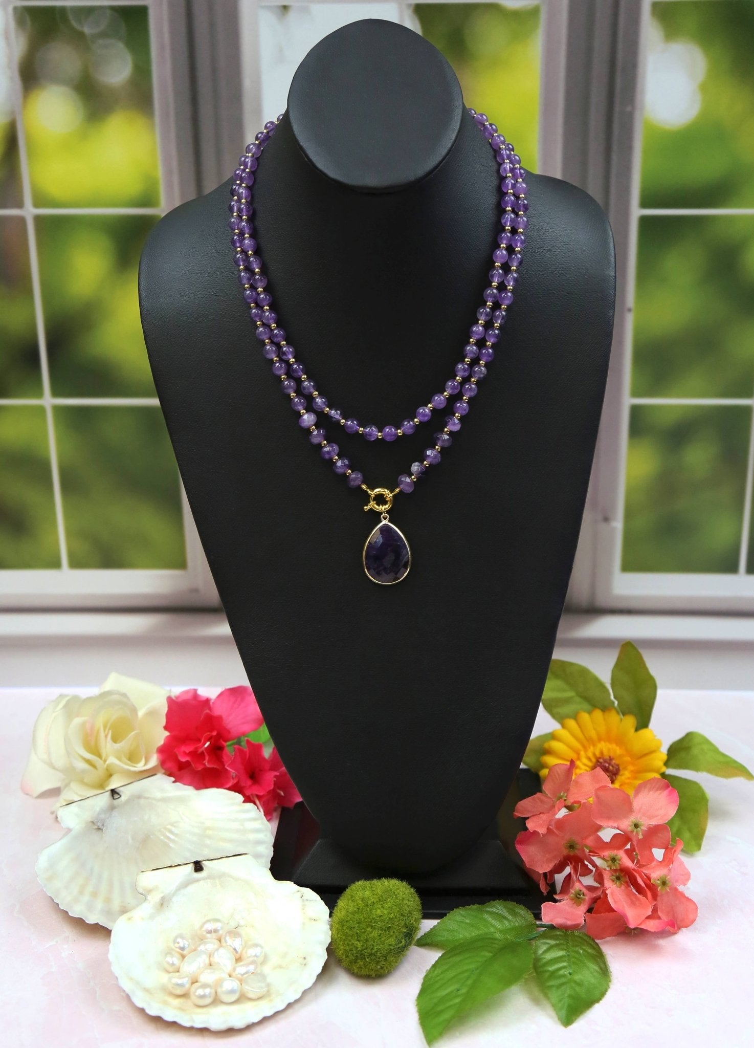 Amethyst Teardrop Pendant Necklace. Set of Two - Spiral Circle