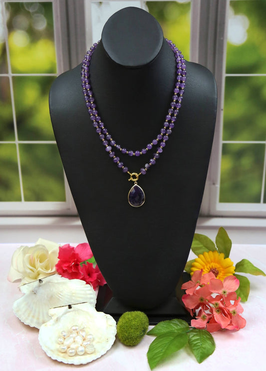Amethyst Teardrop Pendant Necklace. Set of Two - Spiral Circle