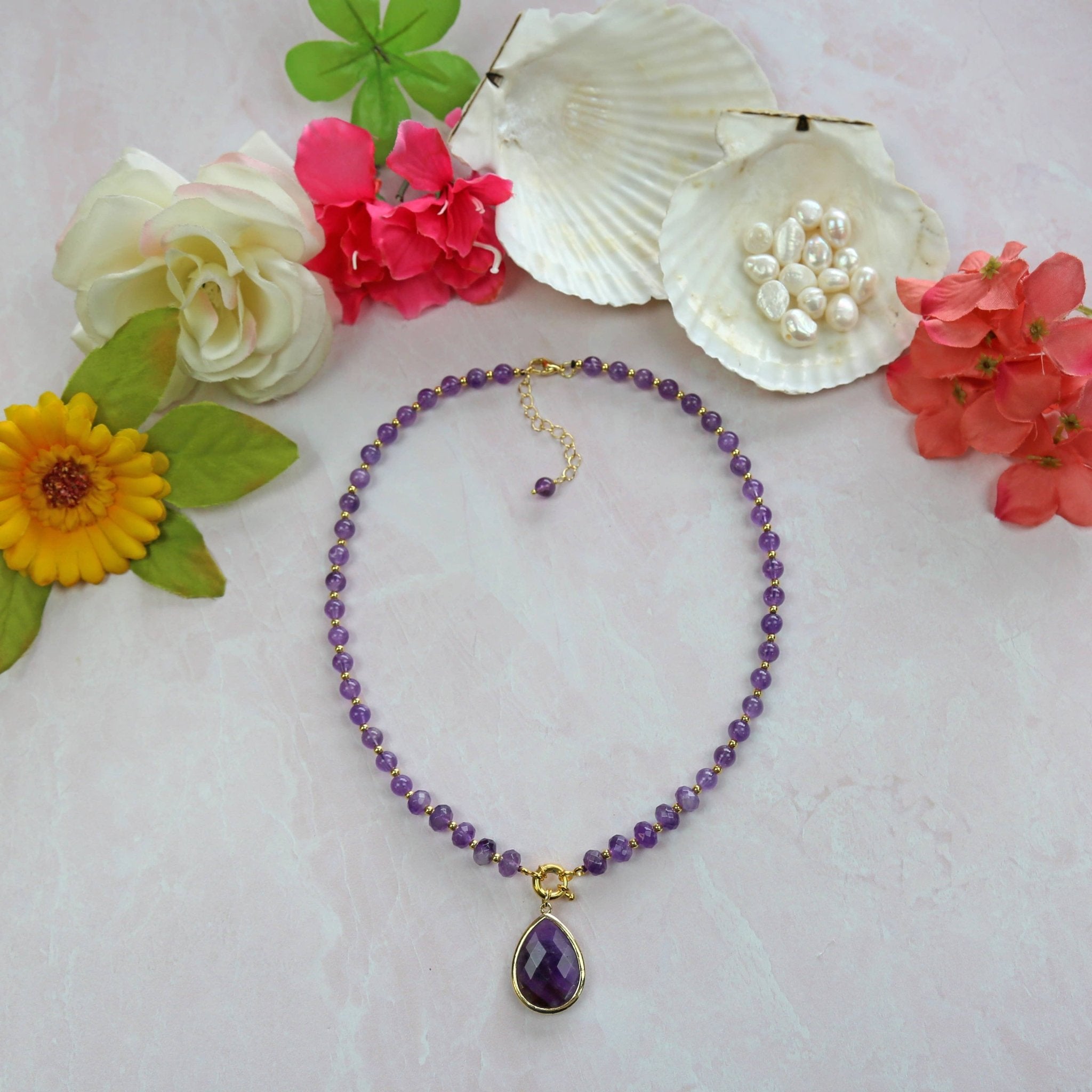 Amethyst Teardrop Pendant Necklace. Set of Two - Spiral Circle