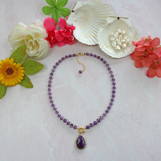 Amethyst Teardrop Pendant Necklace. Set of Two - Spiral Circle