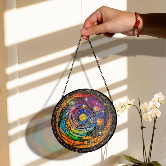 Astronomy Solar System Stained Glass Suncatcher, Science Art - Spiral Circle