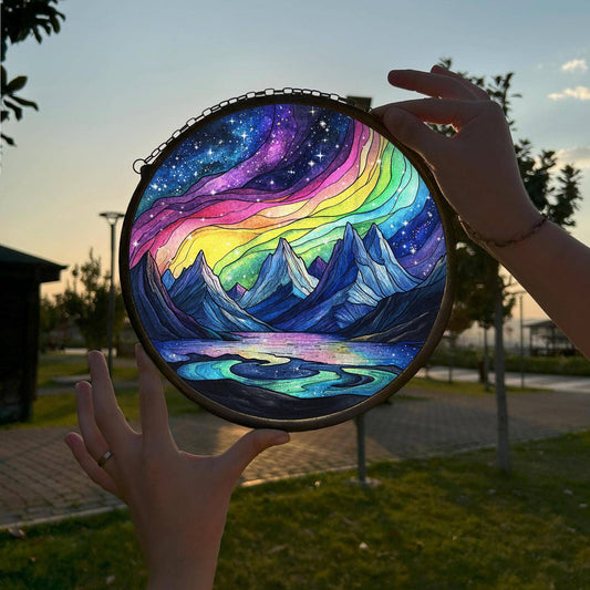 Aurora Borealis Stained Glass Suncatcher, Starry Night Decor - Spiral Circle