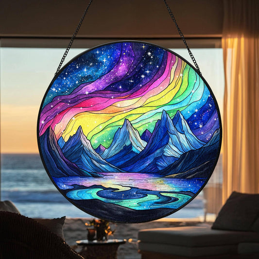Aurora Borealis Stained Glass Suncatcher, Starry Night Decor - Spiral Circle