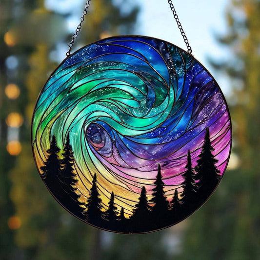 Aurora Borealis Suncatcher, Forest Northern Lights Window - Spiral Circle