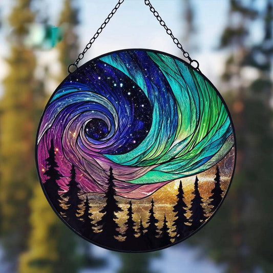 Aurora Borealis Suncatcher, Forest Northern Lights Window - Spiral Circle