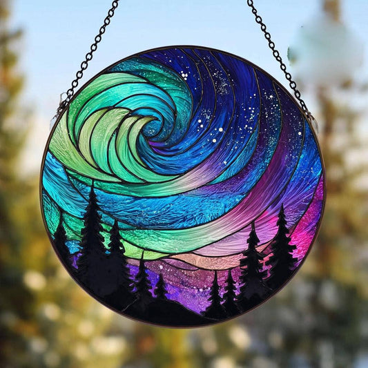 Aurora Borealis Suncatcher, Forest Northern Lights Window - Spiral Circle