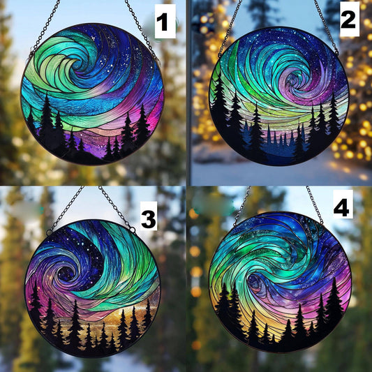 Aurora Borealis Suncatcher, Forest Northern Lights Window - Spiral Circle