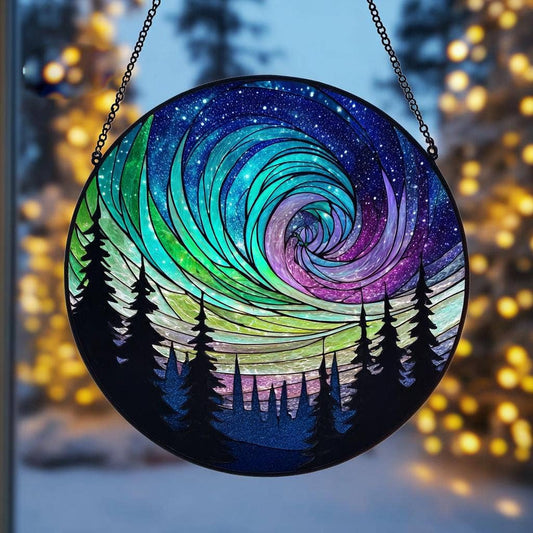 Aurora Borealis Suncatcher, Forest Northern Lights Window - Spiral Circle