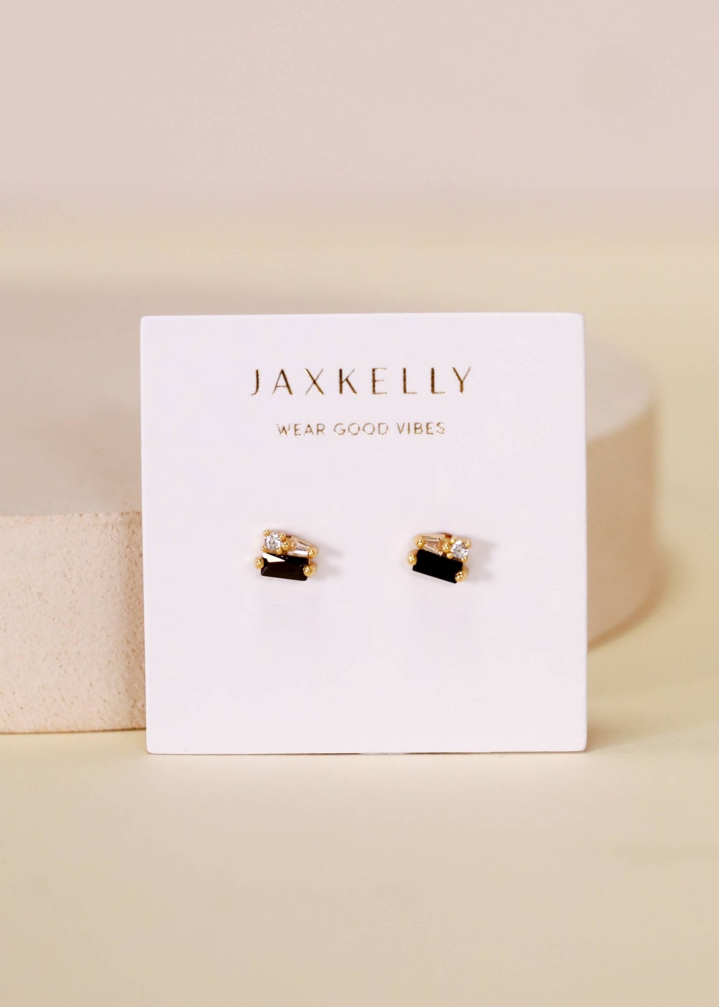Baguette Cluster - Black CZ - Gold Earrings - Spiral Circle