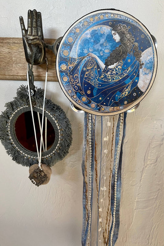 Beautiful Blue Moon Mystical Goddess Tambourine and Ribbon W - Spiral Circle