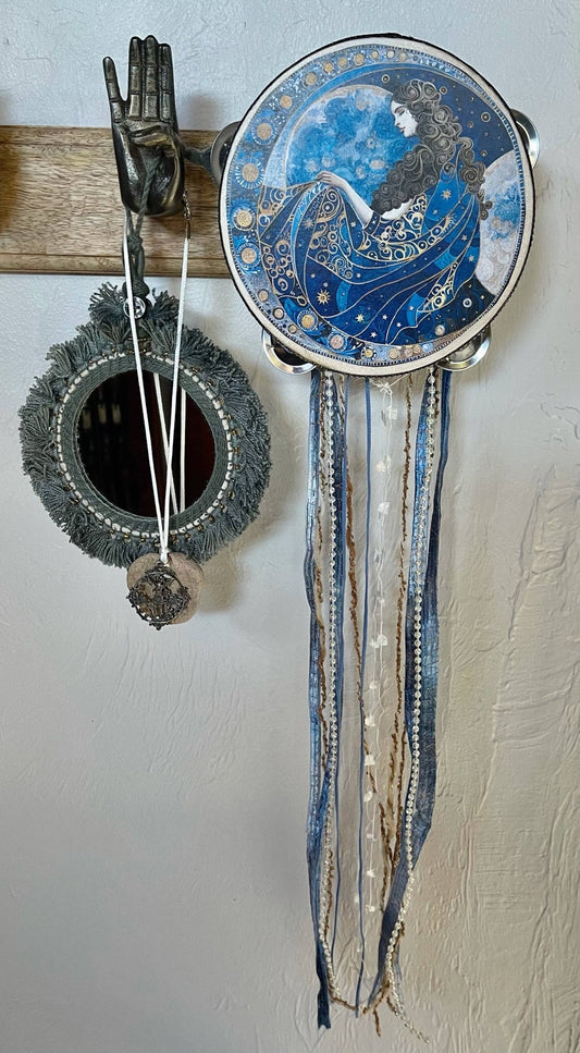 Beautiful Blue Moon Mystical Goddess Tambourine and Ribbon W - Spiral Circle