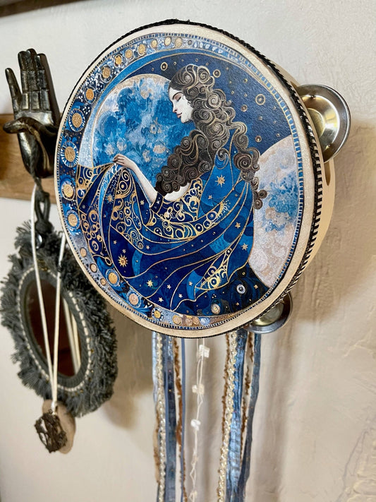 Beautiful Blue Moon Mystical Goddess Tambourine and Ribbon W - Spiral Circle